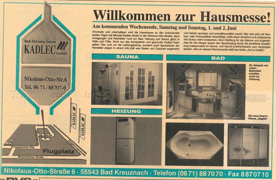 Anzeige zur Hausmesse mit Lageplan und Bildern aus Sauna-, Bad- und Heizungsausstellung.