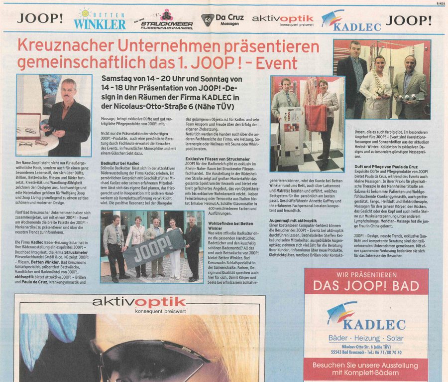 Zeitungsseite &uuml;ber das erste JOOP!-Event, das f&uuml;nf Bad Kreuznacher Betriebe gemeinsam ausrichteten, mit Fotos aus den beteiligten Gesch&auml;ften.